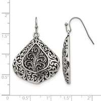 Pair of ornate teardrop-shaped silver earrings with scrolling filigree pattern, shown front and side view next to a measurement scale.