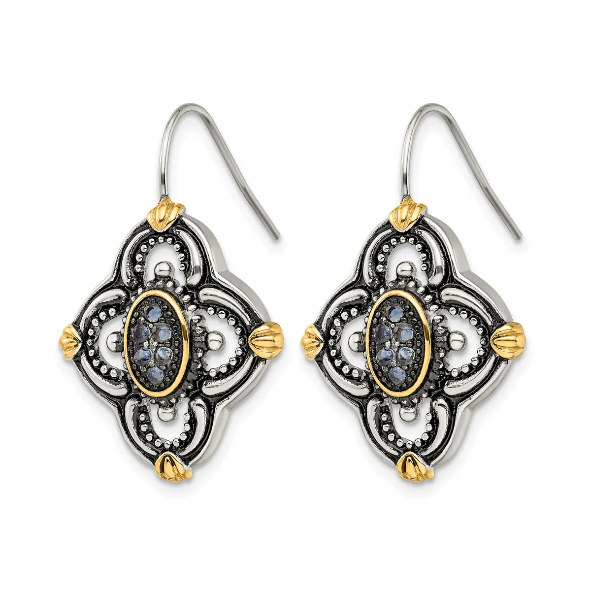 Pair of ornate quatrefoil drop earrings with blue stone centers, silver oxidized finish with gold-tone accents and beaded details, hanging from silver ear wires.
