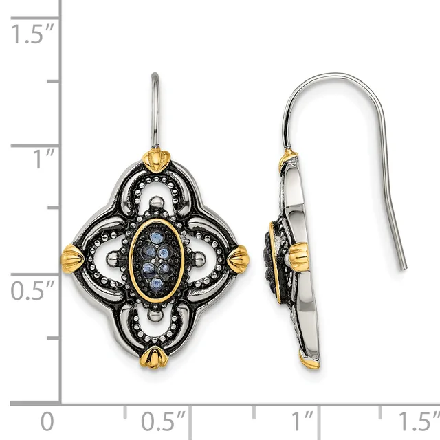 Two-tone ornate quatrefoil earrings with blue stone centers and pearl accents, shown front and side view with a measurement scale.
