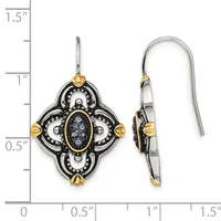 Two-tone ornate quatrefoil earrings with blue stone centers and pearl accents, shown front and side view with a measurement scale.