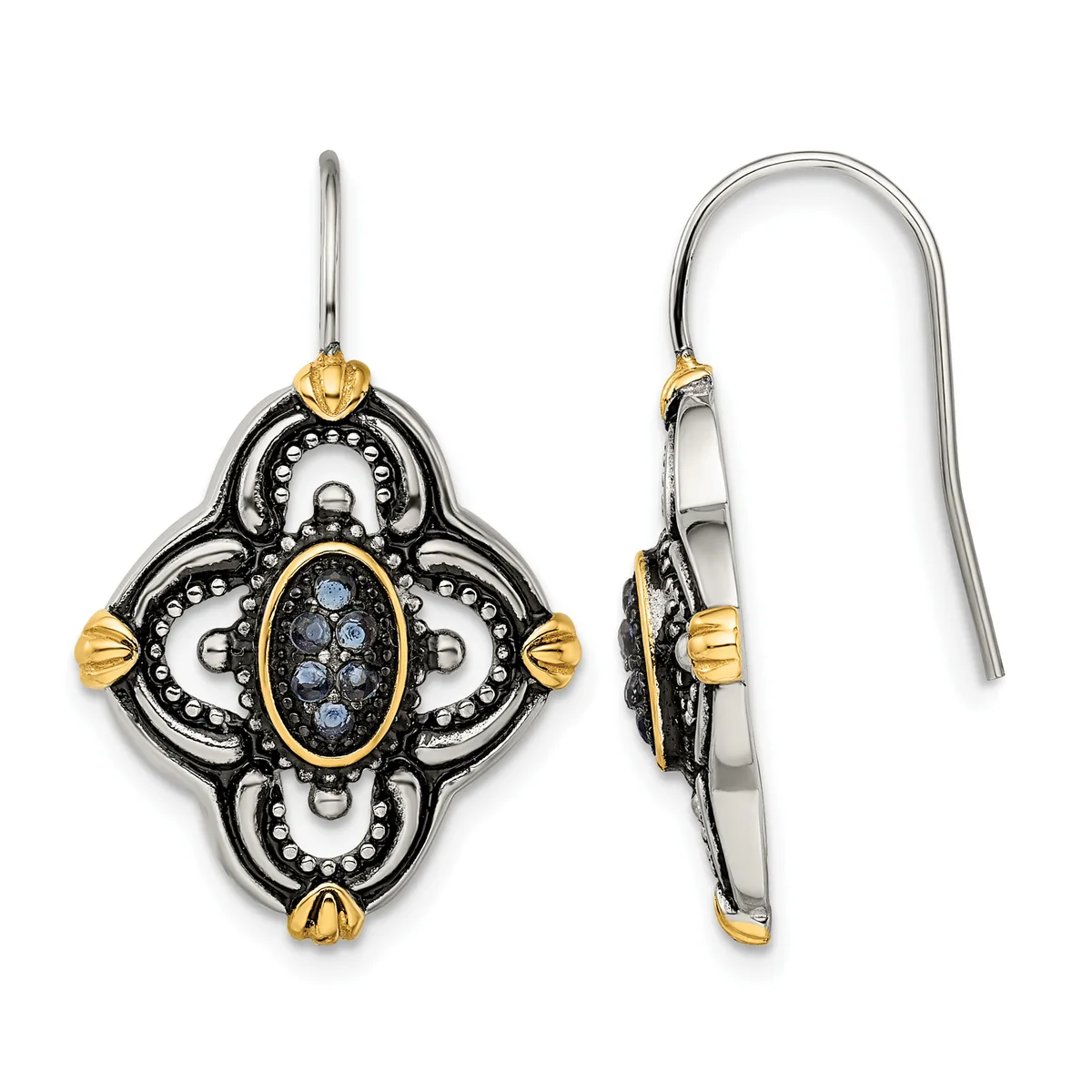 Pair of ornate drop earrings with four-lobed quatrefoil design in two-tone silver and gold, featuring blue gemstones in oval center setting and pearl-like bead accents, shown from front and side views.
