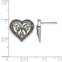 Ornate heart-shaped stud earrings with marcasite and gold-tone accents, shown from front and side view against a measurement ruler.