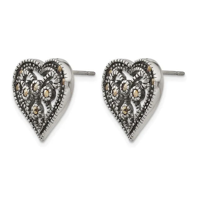 Pair of silver heart-shaped stud earrings with ornate filigree design and beaded borders, shown from the front.
