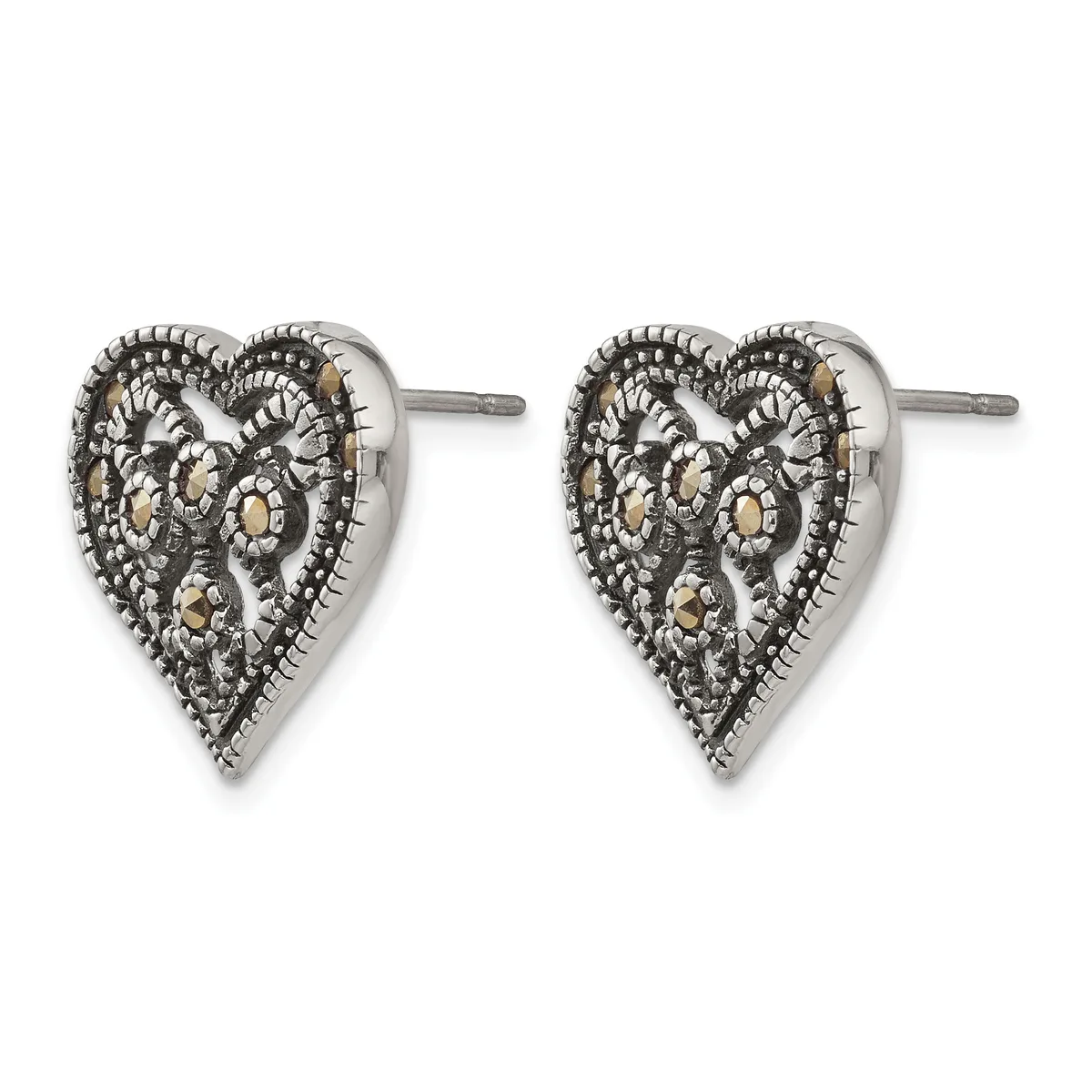Pair of silver heart-shaped stud earrings with ornate filigree design and beaded borders, shown from the front.