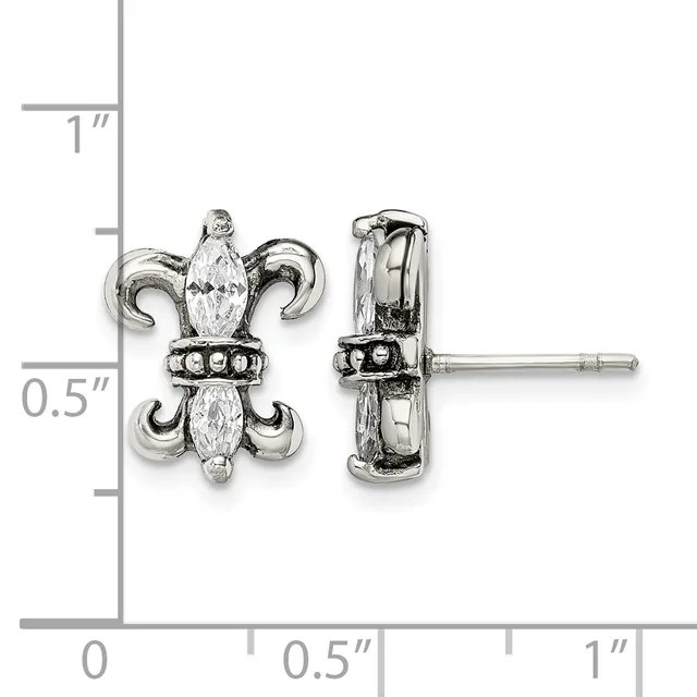 Silver fleur-de-lis stud earrings with marquise-cut cubic zirconia centers and black enamel accents, shown front and side view next to a measurement scale.
