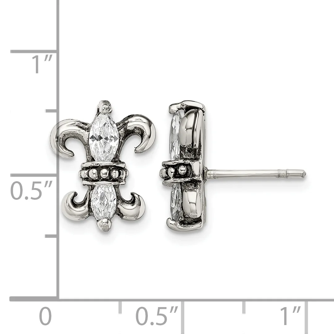 Silver fleur-de-lis stud earrings with marquise-cut cubic zirconia centers and black enamel accents, shown front and side view next to a measurement scale.