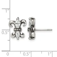 Silver fleur-de-lis stud earrings with marquise-cut cubic zirconia centers and black enamel accents, shown front and side view next to a measurement scale.
