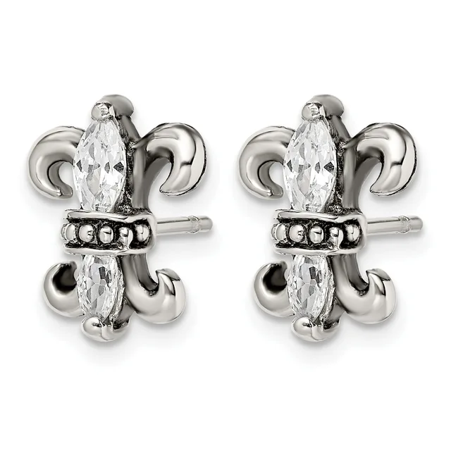 Pair of silver-toned fleur-de-lis stud earrings with marquise-cut clear crystals and decorative beaded band details.
