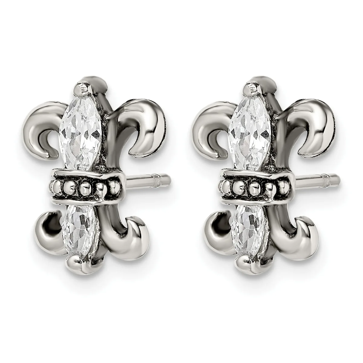 Pair of silver-toned fleur-de-lis stud earrings with marquise-cut clear crystals and decorative beaded band details.