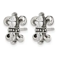 Pair of silver-toned fleur-de-lis stud earrings with marquise-cut clear crystals and decorative beaded band details.