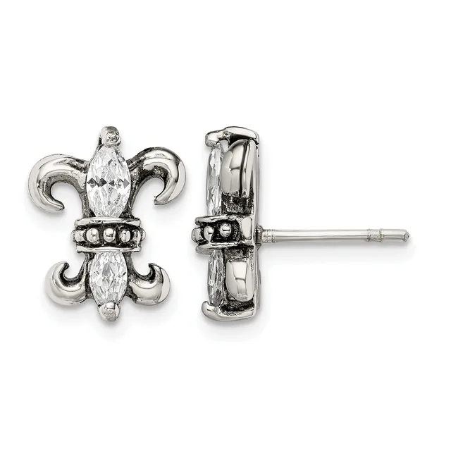 A pair of silver fleur-de-lis stud earrings featuring marquise-cut crystals in the center and decorative scrolled details, shown from front and side views.