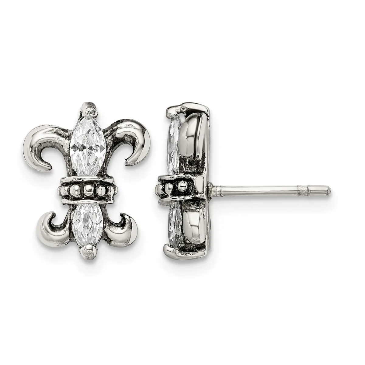 A pair of silver fleur-de-lis stud earrings featuring marquise-cut crystals in the center and decorative scrolled details, shown from front and side views.