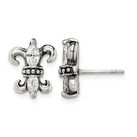 A pair of silver fleur-de-lis stud earrings featuring marquise-cut crystals in the center and decorative scrolled details, shown from front and side views.