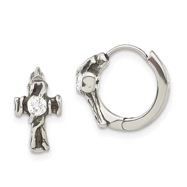 Silver cross earrings with cubic zirconia centers, shown as a detached cross pendant and a matching hoop earring with hinged closure.