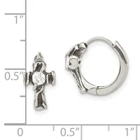 A pair of silver cross-shaped hoop earrings with round white stones displayed next to a measurement scale showing approximately 0.5 inches in length.