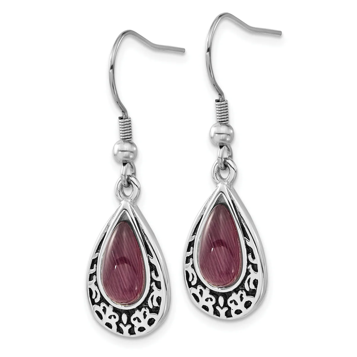 A pair of silver teardrop earrings with purple gemstones and ornate filigree detailing, suspended from silver ear wires.