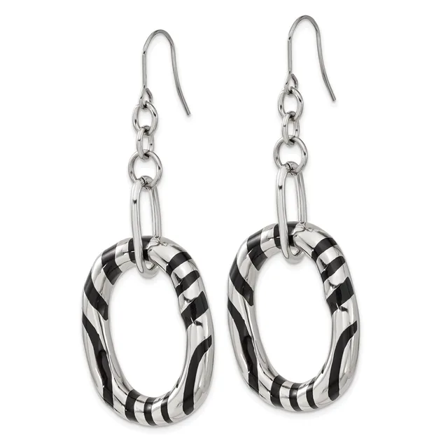 Pair of silver dangle earrings with black and white striped oval rings suspended from chain links and shepherd's hook ear wires.