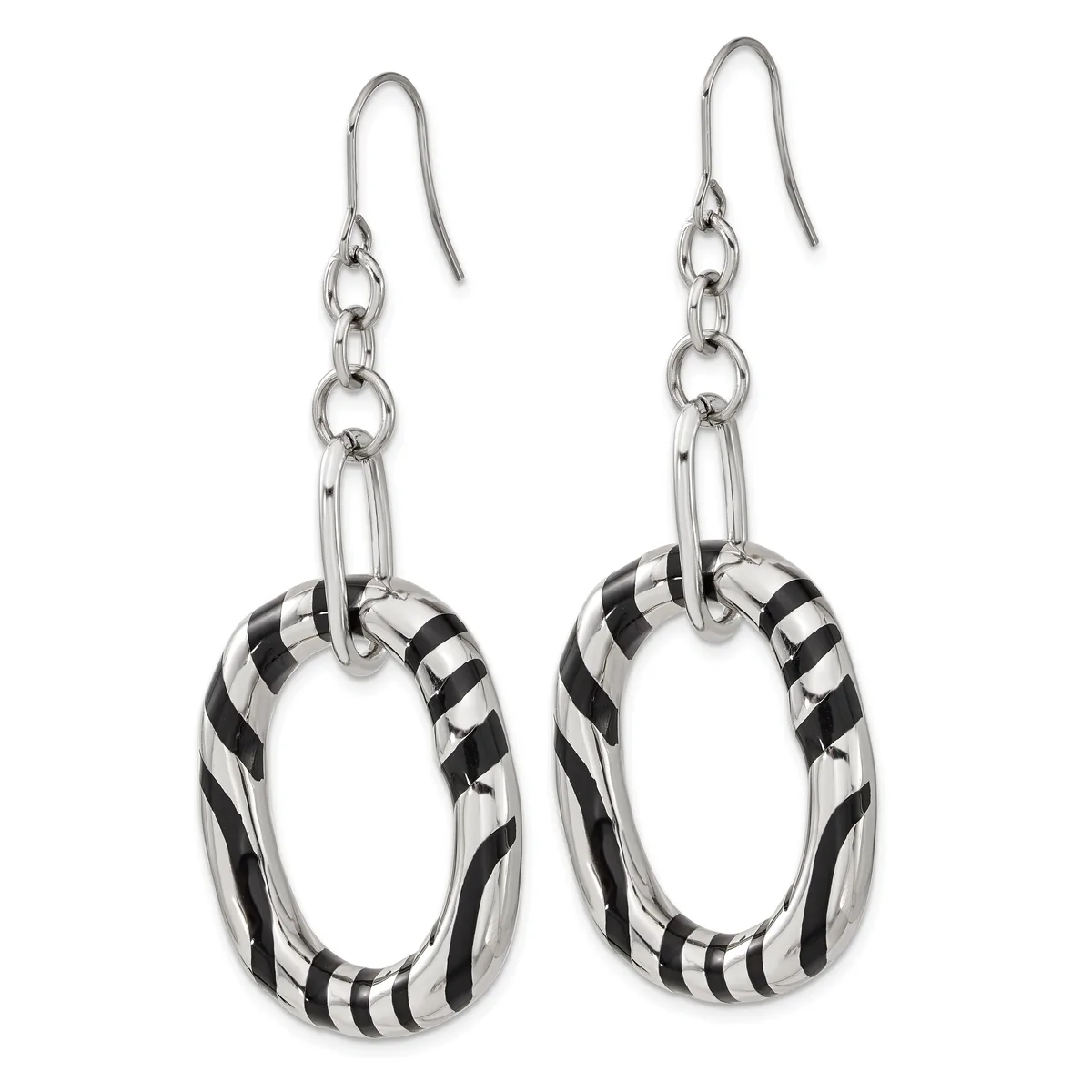 Pair of silver dangle earrings with black and white striped oval rings suspended from chain links and shepherd's hook ear wires.