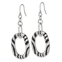 Pair of silver dangle earrings with black and white striped oval rings suspended from chain links and shepherd's hook ear wires.