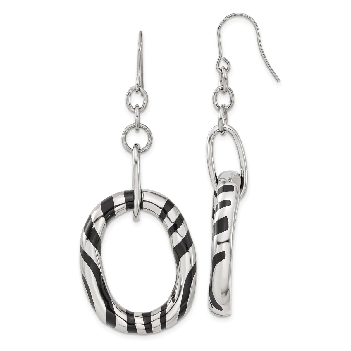 A pair of silver dangle earrings with black and white striped resin rings, one oval-shaped and one curved tube-shaped, suspended from silver hooks.