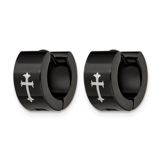A pair of black stainless steel huggie hoop earrings with engraved cross designs on the outer surface.