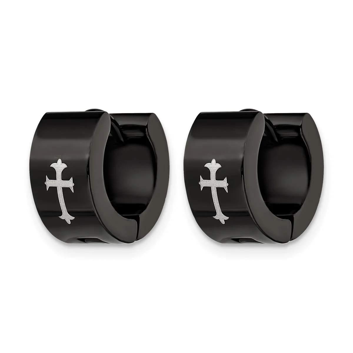 A pair of black stainless steel huggie hoop earrings with engraved cross designs on the outer surface.