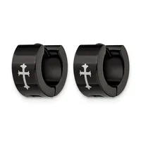 A pair of black stainless steel huggie hoop earrings with engraved cross designs on the outer surface.