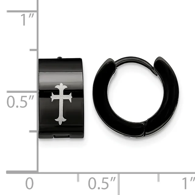 Black stainless steel hoop earrings with a cross design, shown next to a ruler indicating approximately 0.5 inches in width.