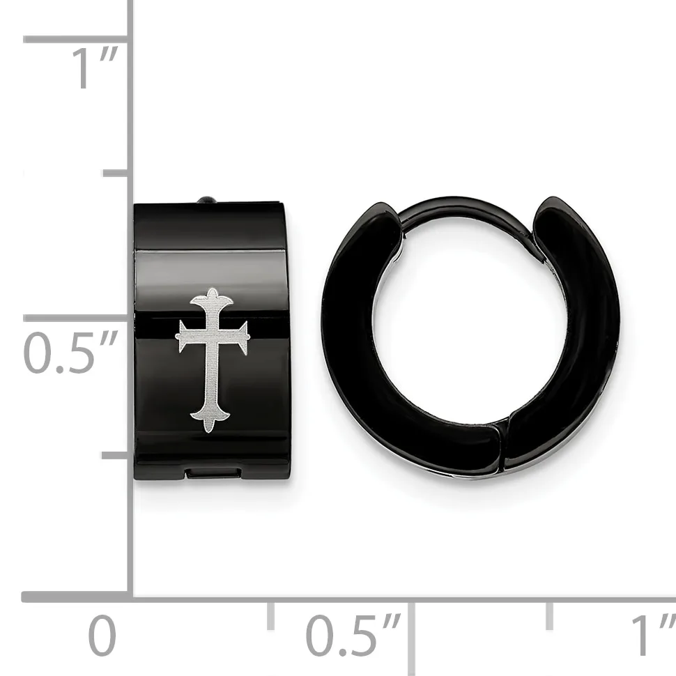 Black stainless steel hoop earrings with a cross design, shown next to a ruler indicating approximately 0.5 inches in width.
