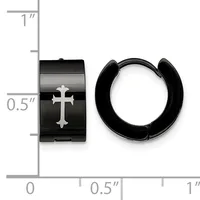 Black stainless steel hoop earrings with a cross design, shown next to a ruler indicating approximately 0.5 inches in width.