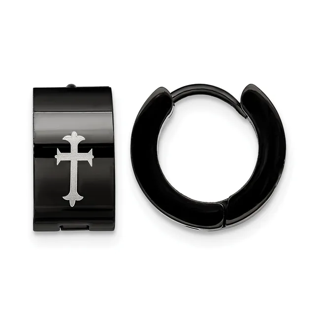 A pair of black hoop earrings with a silver cross design displayed next to a rectangular black cuff bracelet featuring a matching silver cross motif.