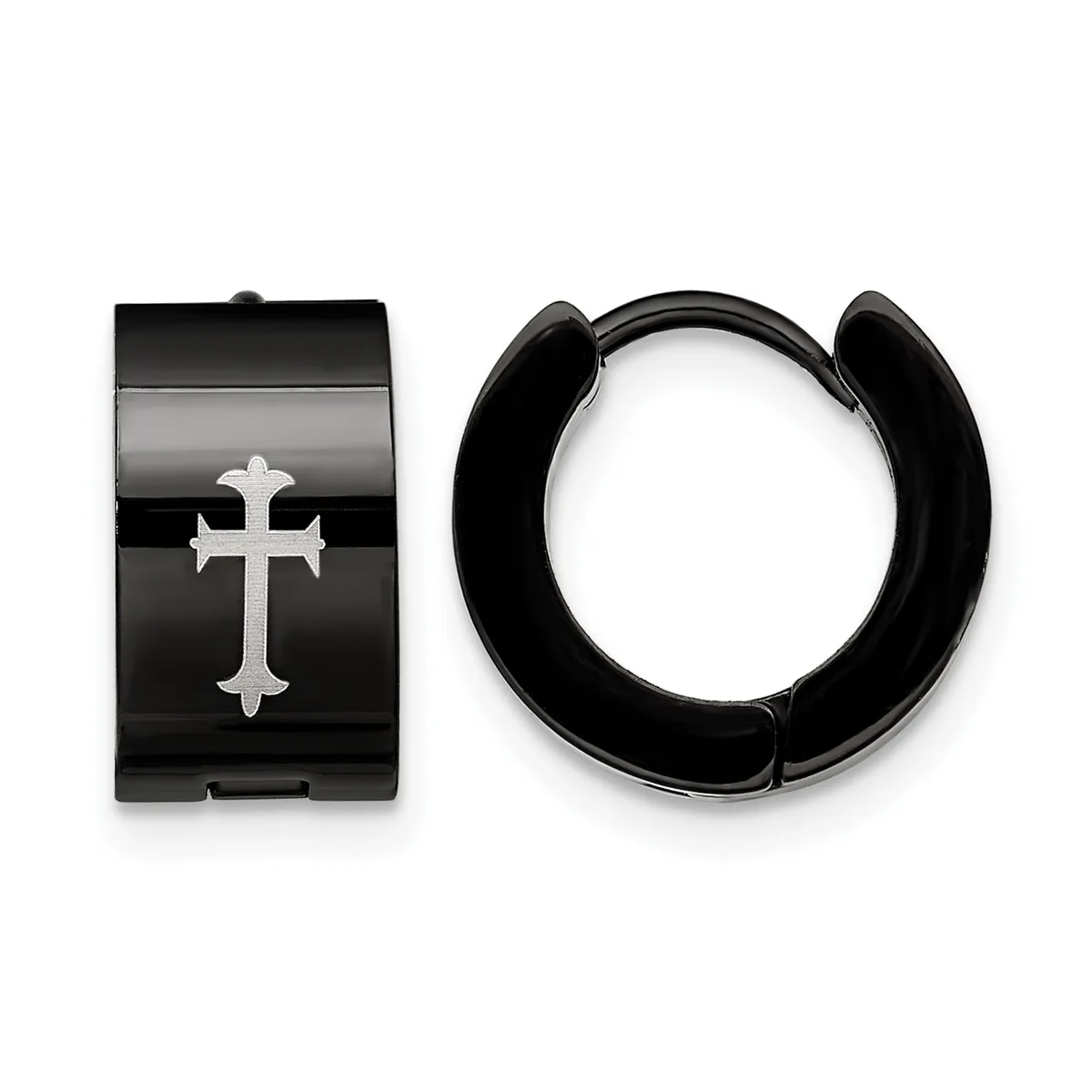 A pair of black hoop earrings with a silver cross design displayed next to a rectangular black cuff bracelet featuring a matching silver cross motif.