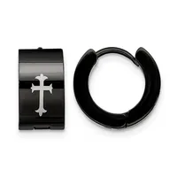 A pair of black hoop earrings with a silver cross design displayed next to a rectangular black cuff bracelet featuring a matching silver cross motif.