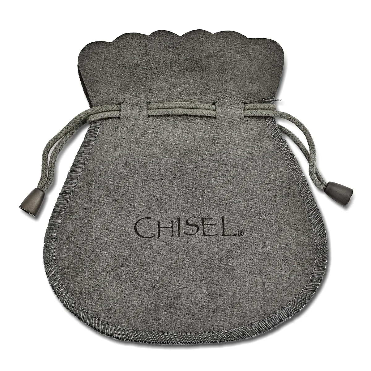 Gray fabric drawstring pouch with a scalloped top edge and decorative ribbon bow closure at the center front.