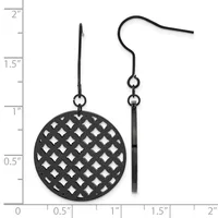 Pair of black metal dangle earrings with lattice-patterned circular disc and matching bar-shaped earring, shown against ruler measuring approximately two inches in length.