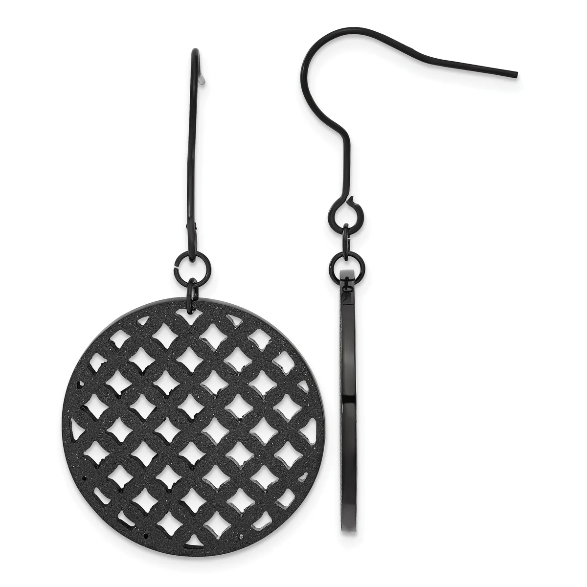 A pair of black metal earrings with a circular lattice-patterned disc on one and a tapered bar on the other, suspended from matching hooks.
