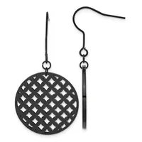 A pair of black metal earrings with a circular lattice-patterned disc on one and a tapered bar on the other, suspended from matching hooks.