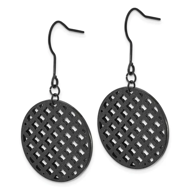 A pair of black metal oval earrings with a lattice cutout pattern, suspended from curved ear wires.