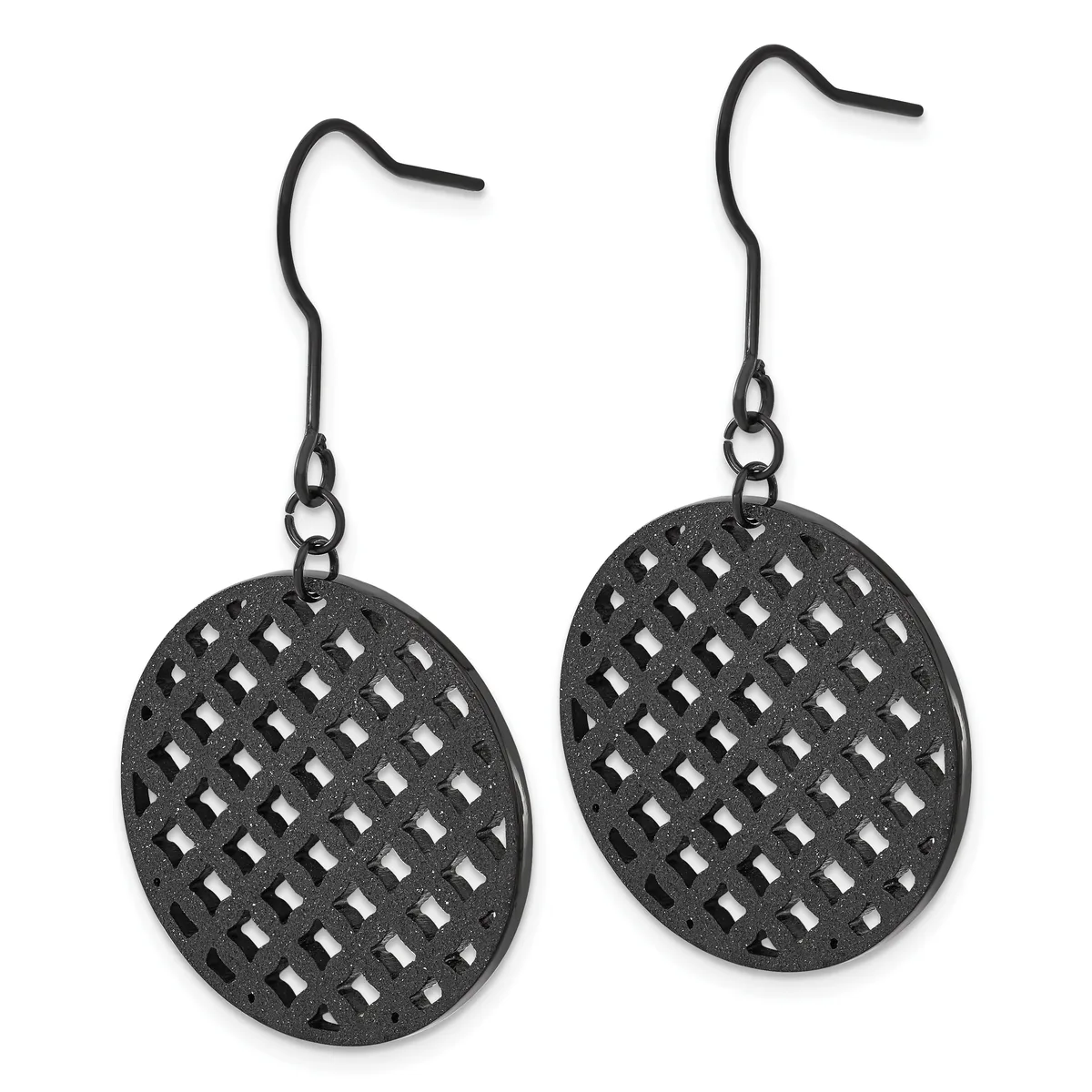 A pair of black metal oval earrings with a lattice cutout pattern, suspended from curved ear wires.