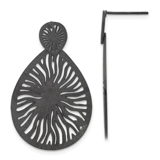 A pair of black metal teardrop earrings with radiating line cutout patterns, shown from front and side views with posts and backs visible.