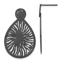 A pair of black metal teardrop earrings with radiating line cutout patterns, shown from front and side views with posts and backs visible.