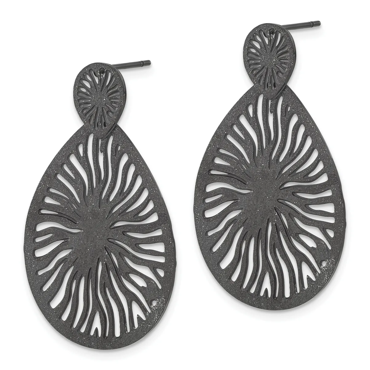 A pair of dark gray metal teardrop earrings with radiating line cutout designs and small circular post tops, displayed side by side.
