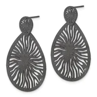 A pair of dark gray metal teardrop earrings with radiating line cutout designs and small circular post tops, displayed side by side.
