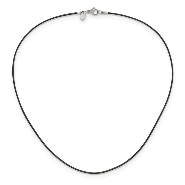 A black cord necklace with a silver-toned clasp and small decorative loop, displayed against a white background.