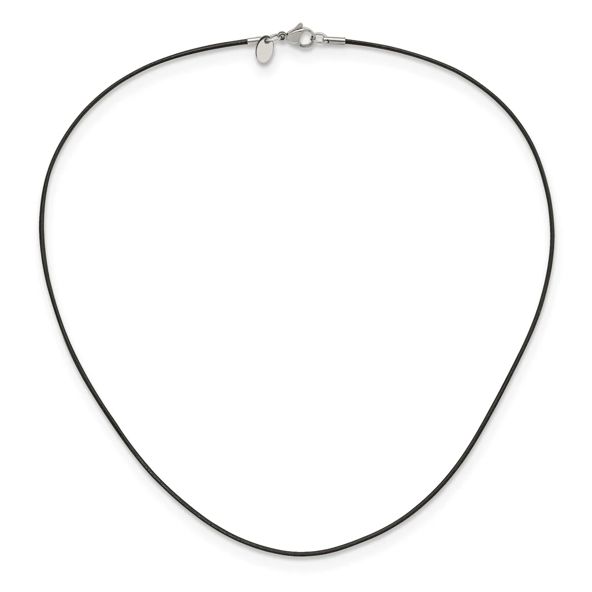 A black cord necklace with a silver-toned clasp and small decorative loop, displayed against a white background.