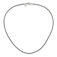 A black cord necklace with a silver-toned clasp and small decorative loop, displayed against a white background.