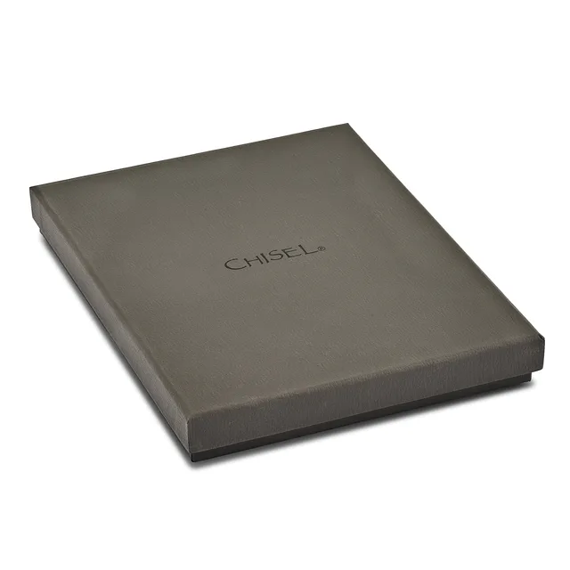 A gray rectangular box with a flat lid sits at a slight angle against a white background.