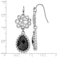 Silver-tone dangle earrings with decorative circular tops and teardrop-shaped black faceted stones surrounded by beaded settings, shown on a ruler measuring approximately two inches long.