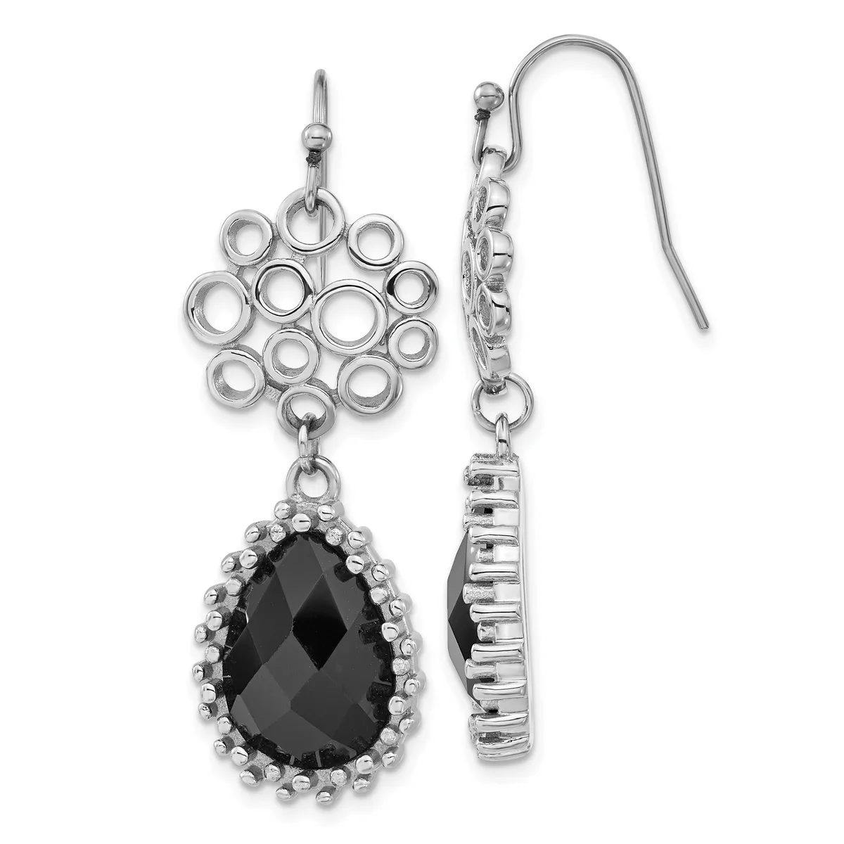 Pair of silver-tone dangle earrings with circular loop tops, beaded frames, and teardrop-shaped black faceted stones, shown front and back views.