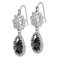 Pair of silver-toned drop earrings featuring clustered clear stone tops and black faceted teardrop gemstones surrounded by small rhinestones, shown hanging from hook-style ear wires.
